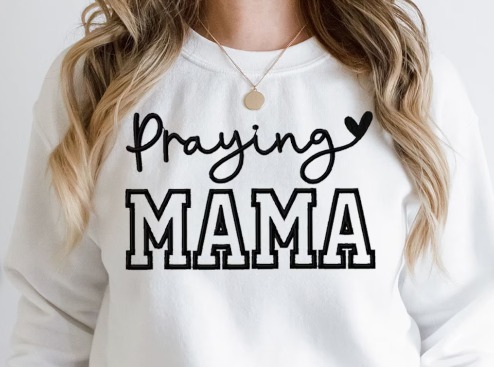Praying Mama Embroidery Sweatshirt, Personalized Mama Sweatshirt with Kid Names on Sleeve, Mothers Day Gift, Birthday Gift for Mom, New Mom Gift, Minimalist Cool Mom Sweater